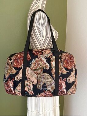 Vintage Horse Tapestry Duffle Bag Equestrian Western Cottagecore Weekender